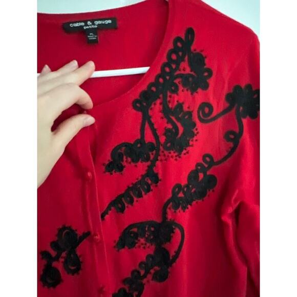 Cable and Gauge Women's P L Red Black Embroidered 3/4 Sleeve Cardigan Whimsygoth - Picture 6 of 11